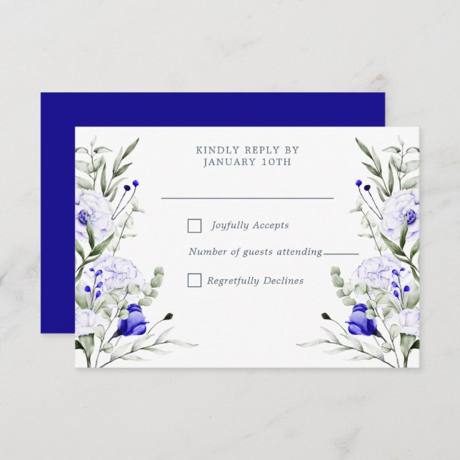 Shade of Royal Blue Elfenbein Blumenhochzeit RSVP Karte (Vorne/Hinten)