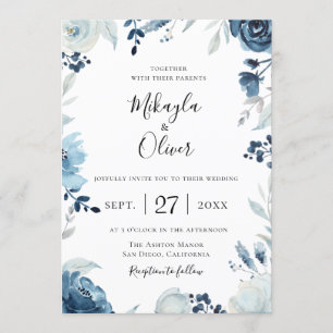 Shades of Blue Botanical Floral Wedding Einladung