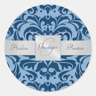 Shades of Blue Damask Monogram Wedding Sticker