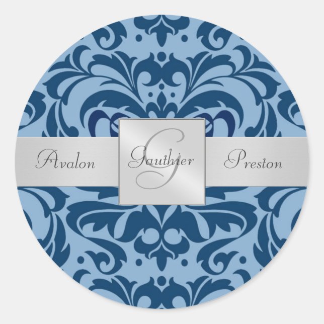 Shades of Blue Damask Monogram Wedding Sticker (Vorderseite)