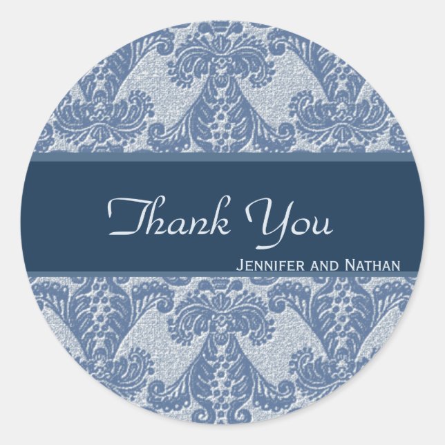 Shades of Blue Damask Vielen Dank Runder Aufkleber (Vorderseite)