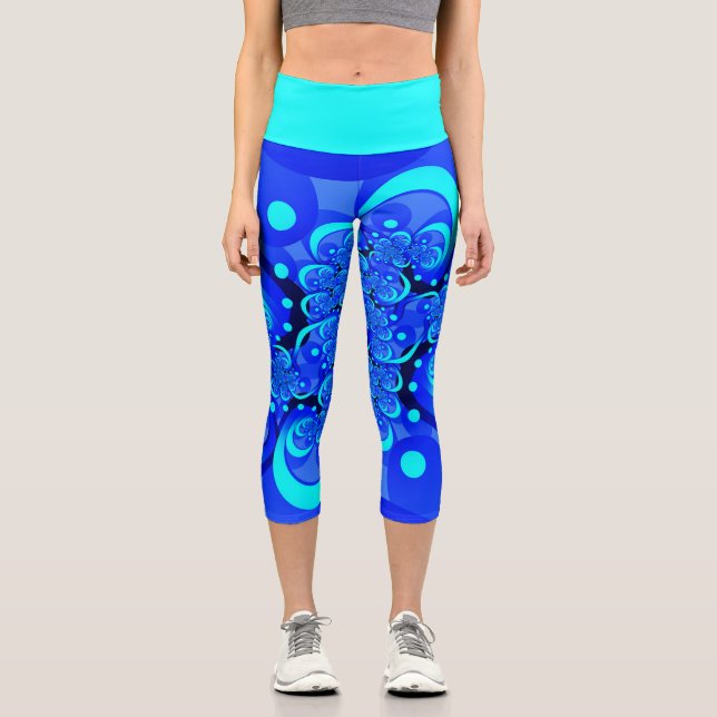 Shades of Blue Modern Abstrakt Fraktal Art Capri Leggings (Vorderseite)