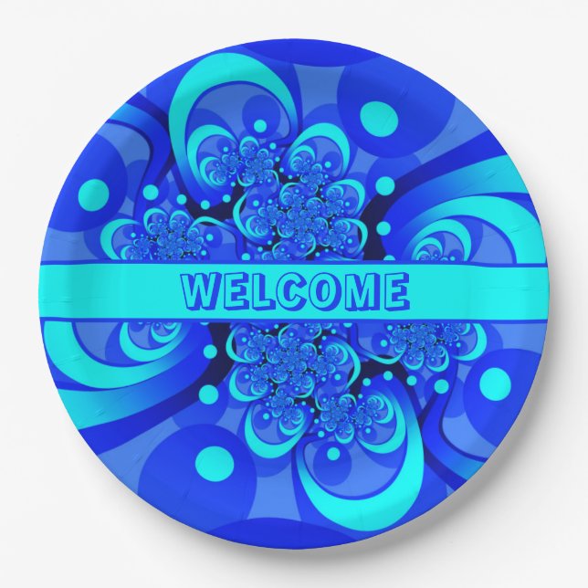 Shades of Blue Modern Abstrakt Fraktal Art Pappteller (Vorderseite)