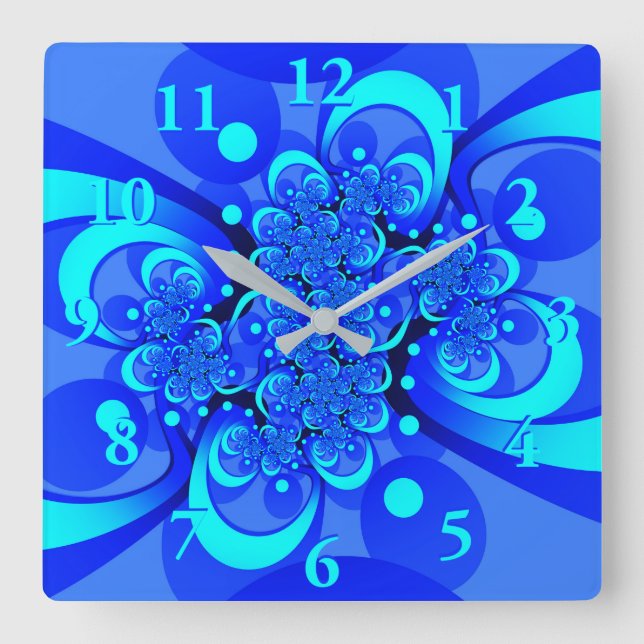 Shades of Blue Modern Abstrakt Fraktal Art Quadratische Wanduhr (Vorderseite)