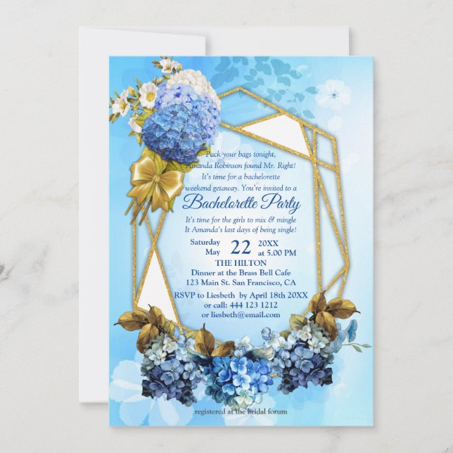 Shades of Blue Watercolor Hydrangeas Bachelorette Einladung (Vorderseite)