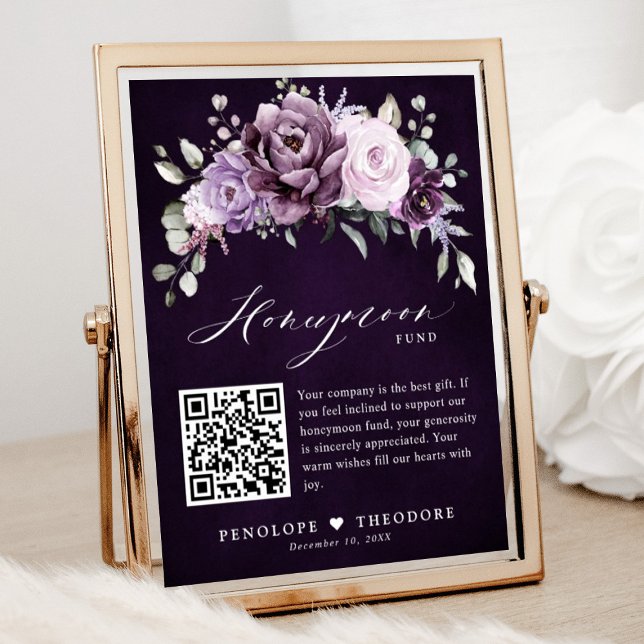 Shades of Dusty Lila Blooms Honeymoon Fund Signing Poster (Shades of dusty purple blooms floral honeymoon fund sign)