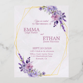 Shades of Dusty Purple Blooms Geometric Wedding  Folie Einladungspostkarte