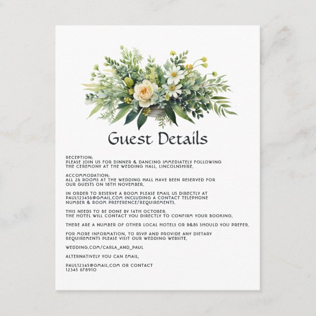 Shades of Green Floral Wedding Guest Details Begleitkarte (Vorderseite)