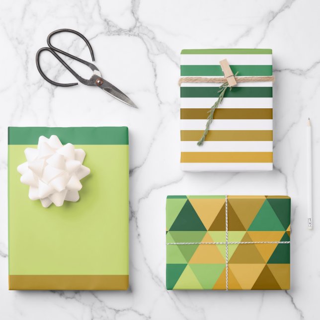 SHADES OF GREEN ORANGE BROWN GEOMETRIC PATTERNS GESCHENKPAPIER SET (Vorderseite)
