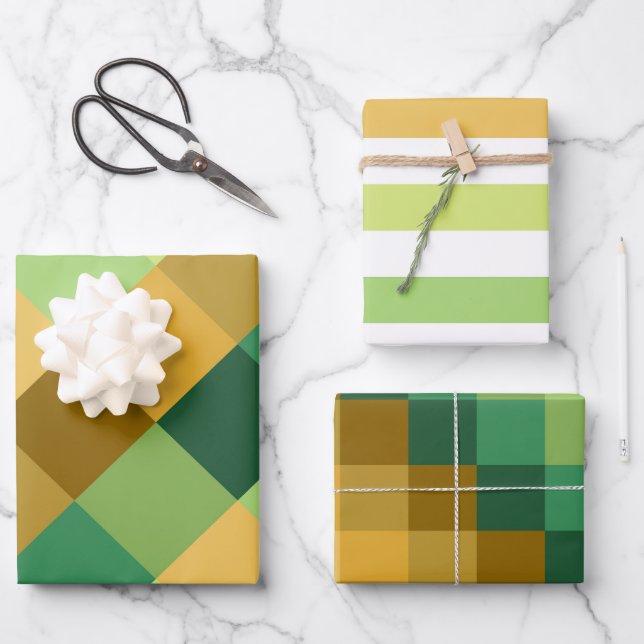 SHADES OF GREEN ORANGE BROWN GEOMETRIC PATTERNS GESCHENKPAPIER SET (Vorderseite)