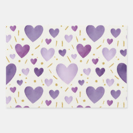Shades of Purple Watercolor & Gold Glitter Hearts Geschenkpapier Set