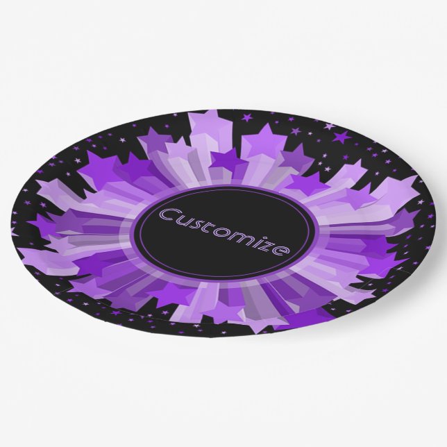 Shades von Party-Tellern mit Lila Sternexplosion Pappteller (Schrägansicht)