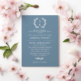 Shadow Blue Laurel Wreath Monogram Wedding Einladung