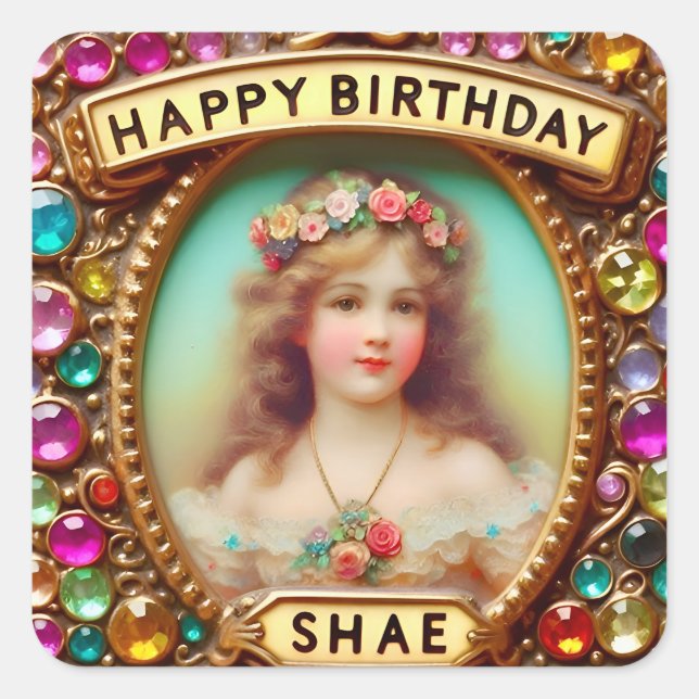 SHAE ~ HAPPY BIRTHDAY ~ Vintag Girl ~ Quadratischer Aufkleber (Vorderseite)