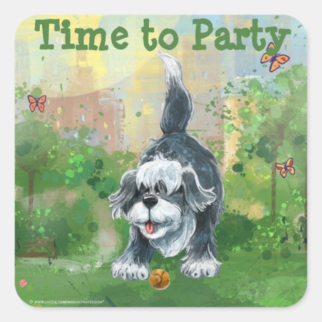 Shaggy Sheep Dog Party Center Quadratischer Aufkleber (Vorderseite)
