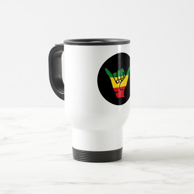 Shaka Hände mit Reggae-Farben Reisebecher (Vorderseite Links)