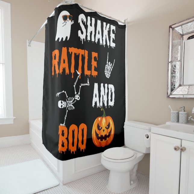 Shake, Rattle, Boo Fun Skeleton Pumpkin, Halloween Duschvorhang (Beispiel)