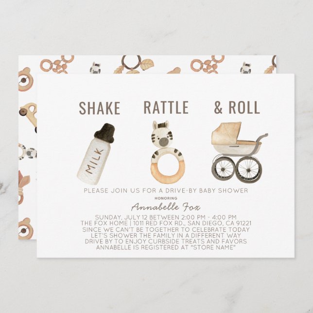 Shake Rattle & Roll Boho Drive-by Baby Shower Einladung (Vorne/Hinten)