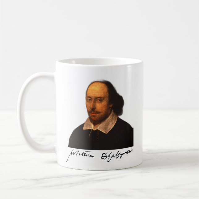 Shakespeare-Portrait und -Unterschrift Kaffeetasse (Links)
