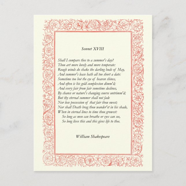 Shakespeare Sonnet # 18 Postkarte (Vorderseite)