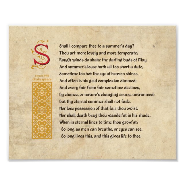 Shakespeare Sonnet 18 (XVIII) auf Pergament Fotodruck (Vorne)