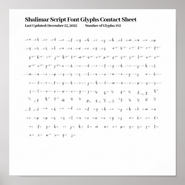 Shalimar Script-Schriftzeichen Kontaktblatt Poster (Vorne)