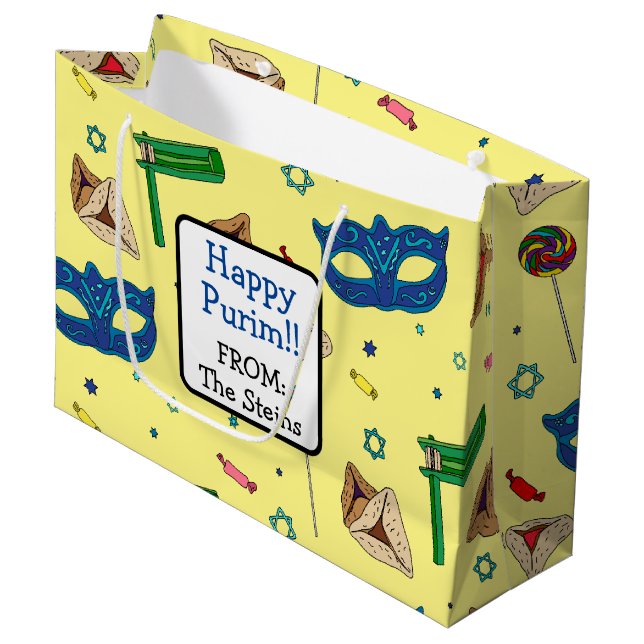 Shaloch Manot - Personalisiert gelb Große Geschenktüte (Vorderseite Schrägansicht)