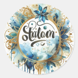 Shalom Blue Gold Wreath Abstract Modern Trendy Runder Aufkleber