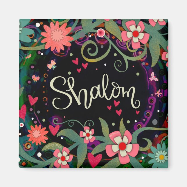Shalom Fun Floral Hearts Schwarze Inspirivität Magnet (Vorne)