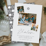 Shalom Gray Star von David 3 Foto Simple Hanukkah Feiertagskarte<br><div class="desc">Diese moderne, minimalistische Hanukkah-Karte enthält den Gruß "Shalom" in einem trendigen Schrift. Ein silbergrauer Star-Of-David-Symbol sitzt oben in der Mitte mit 3 Instant Foto Collage Layouts. Ein kurzer Urlaubswunsch und das Familienname-Abzeichen werden am Ende der Karte platziert. Stern von David Symbol, Begrüßung, Text und Hintergrund können in jede Farbe Ihrer...</div>