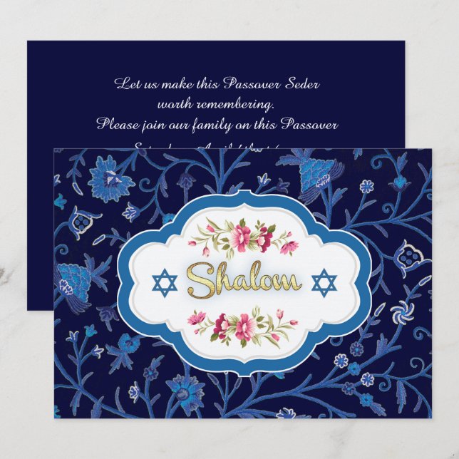 Shalom in Pesach. Floral Muster Passover Sever Einladung (Vorne/Hinten)