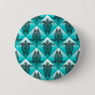Shamanic Sea Turtles Pattern - cyan Button