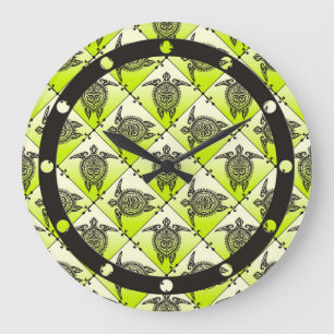 Shamanic Sea Turtles Pattern - Green Große Wanduhr