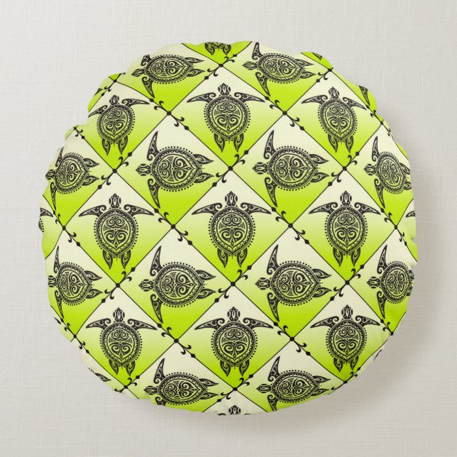 Shamanic Sea Turtles Pattern - Green Rundes Kissen (Vorderseite)