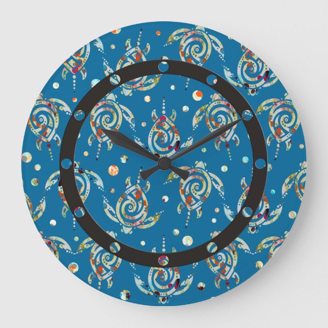 Shamanic Sea Turtles Pattern + your backgr. color Große Wanduhr (Vorderseite)