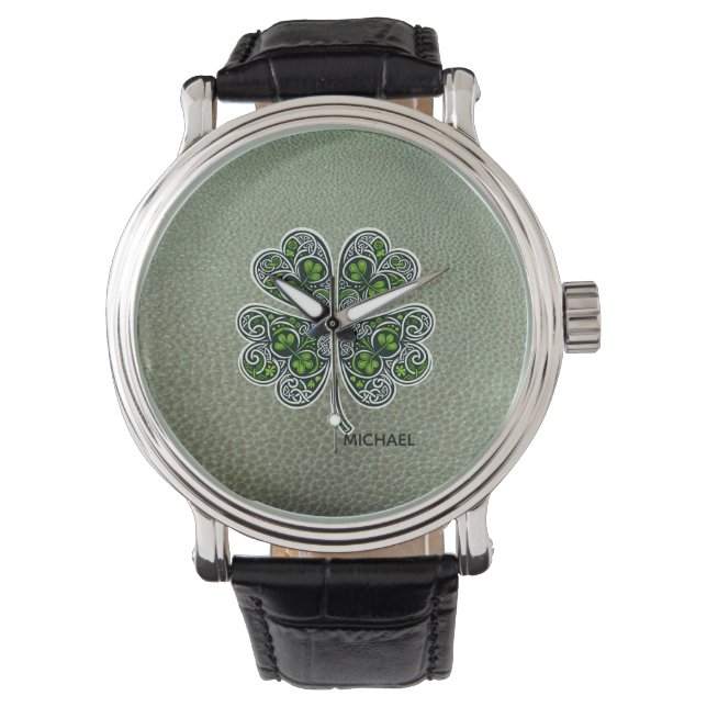 Shamrock Colover  St.Patrick`s Day Green Leather  Armbanduhr (Vorderseite)