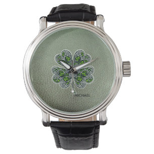 Shamrock Colover St.Patrick`s Day Grüne Ledertasch Armbanduhr