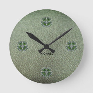 Shamrock Colover St.Patrick`s Day Grüne Ledertasch Runde Wanduhr