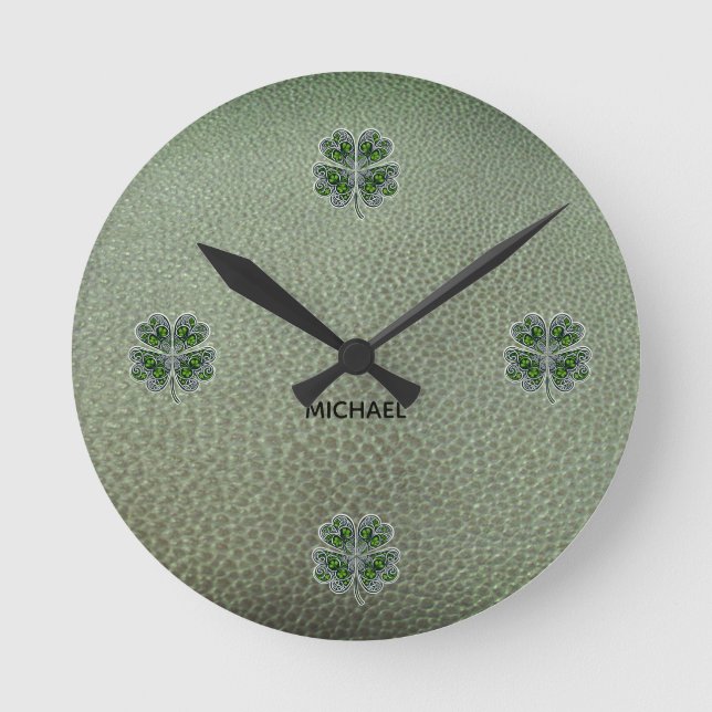Shamrock Colover St.Patrick`s Day Grüne Ledertasch Runde Wanduhr (Vorderseite)