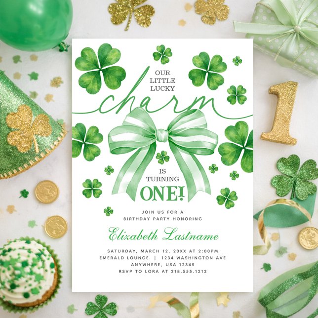 Shamrock Green Bow Lucky Charm 1st Birthday Einladung (Shamrock Green Bow Lucky Charm 1st Birthday Invitation)