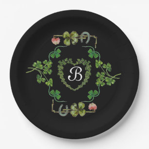 SHAMROCK-HERZ,BLUMEN,GRÜNES BLUMENMONOGRAMM Schwar Pappteller