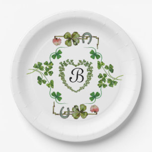 SHAMROCK HERZ,BLUMEN,GRÜNES BLUMENMONOGRAMM Weiß Pappteller