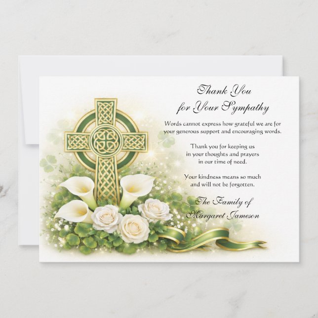 Shamrocks Catholic Irish Celtic Cross Condolence  Dankeskarte (Vorderseite)