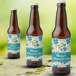 Shamrocks Clover Green St. Patrick`s Day Pattern  Bierflaschenetikett