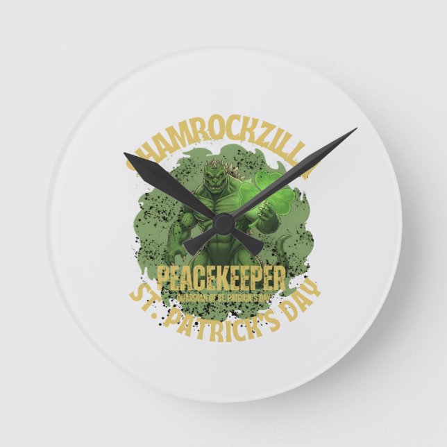 Shamrockzilla Peacekeeper: St. Patrick’s Day Kaiju Runde Wanduhr (Vorderseite)