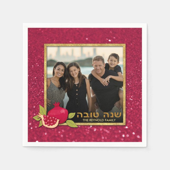 Shana Tova Gold Roter Glitzer Foto Pomegranat Serviette (Vorderseite)