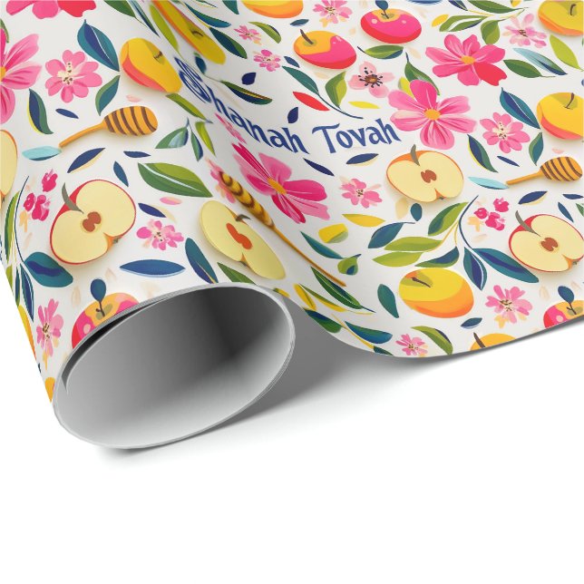Shana Tova mit Äpfeln und Honigtröpfchen Geschenkpapier (Rolleneckpunkt)