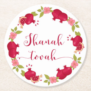 Shanah Tovah Neujahr Granatapfel Blume Wreath Runder Pappuntersetzer