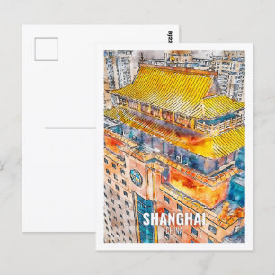 Shanghai China Berühmter Reiseort Wasserfarbe Postkarte