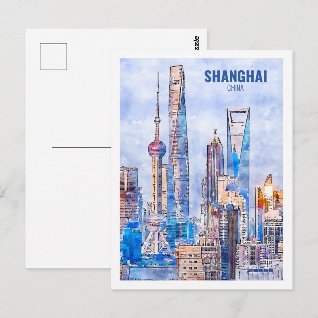 Shanghai China Famous Travel Watercolor Sketch Postkarte (Vorne/Hinten)
